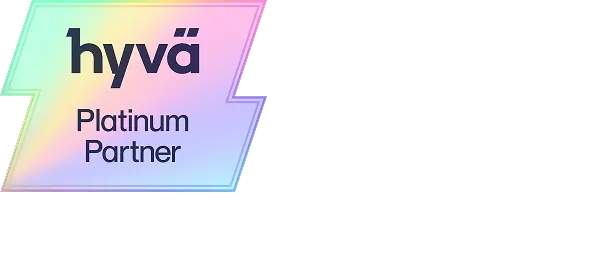 Hyvä Platinum Partner badge with a pastel rainbow gradient background.