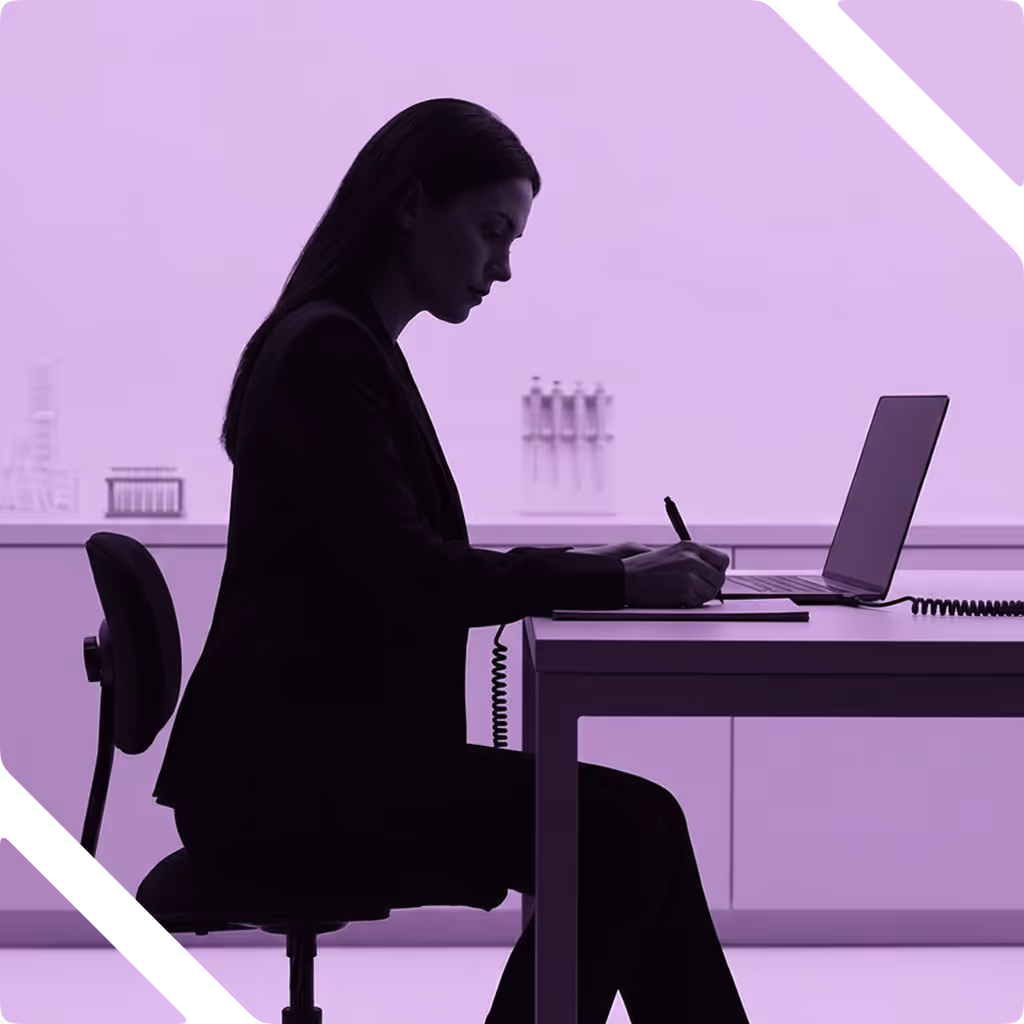 Silhouette of a woman sitting at a table, writing on a notepad next to an open laptop in a minimalist room.
