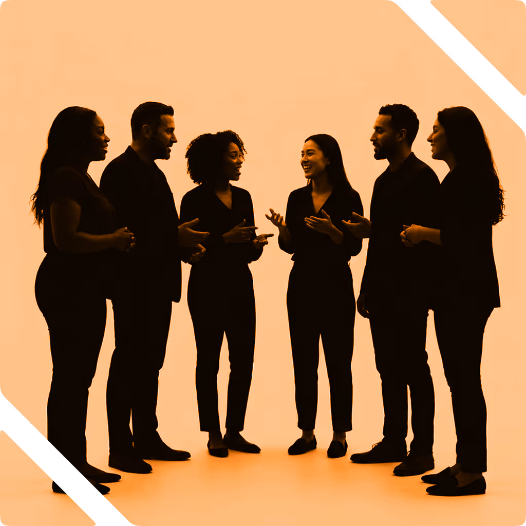 Silhouetted group of six diverse businesspeople standing in a circle, engaged in discussion against an orange background.