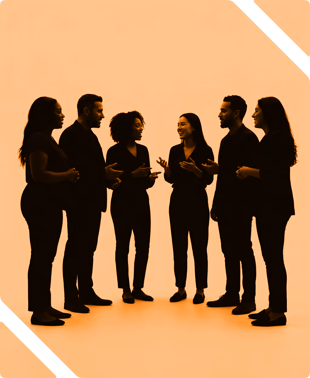 Silhouetted group of six diverse businesspeople standing in a circle, engaged in discussion against an orange background.