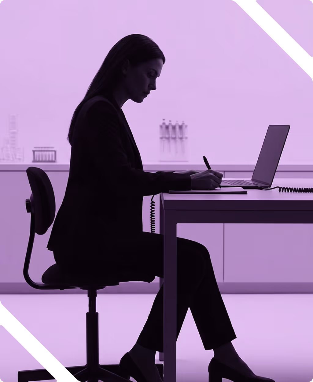 Silhouette of a woman sitting at a table, writing on a notepad next to an open laptop in a minimalist room.