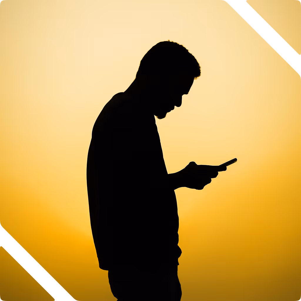 Silhouette of a man looking at his smartphone against a yellow-orange background.