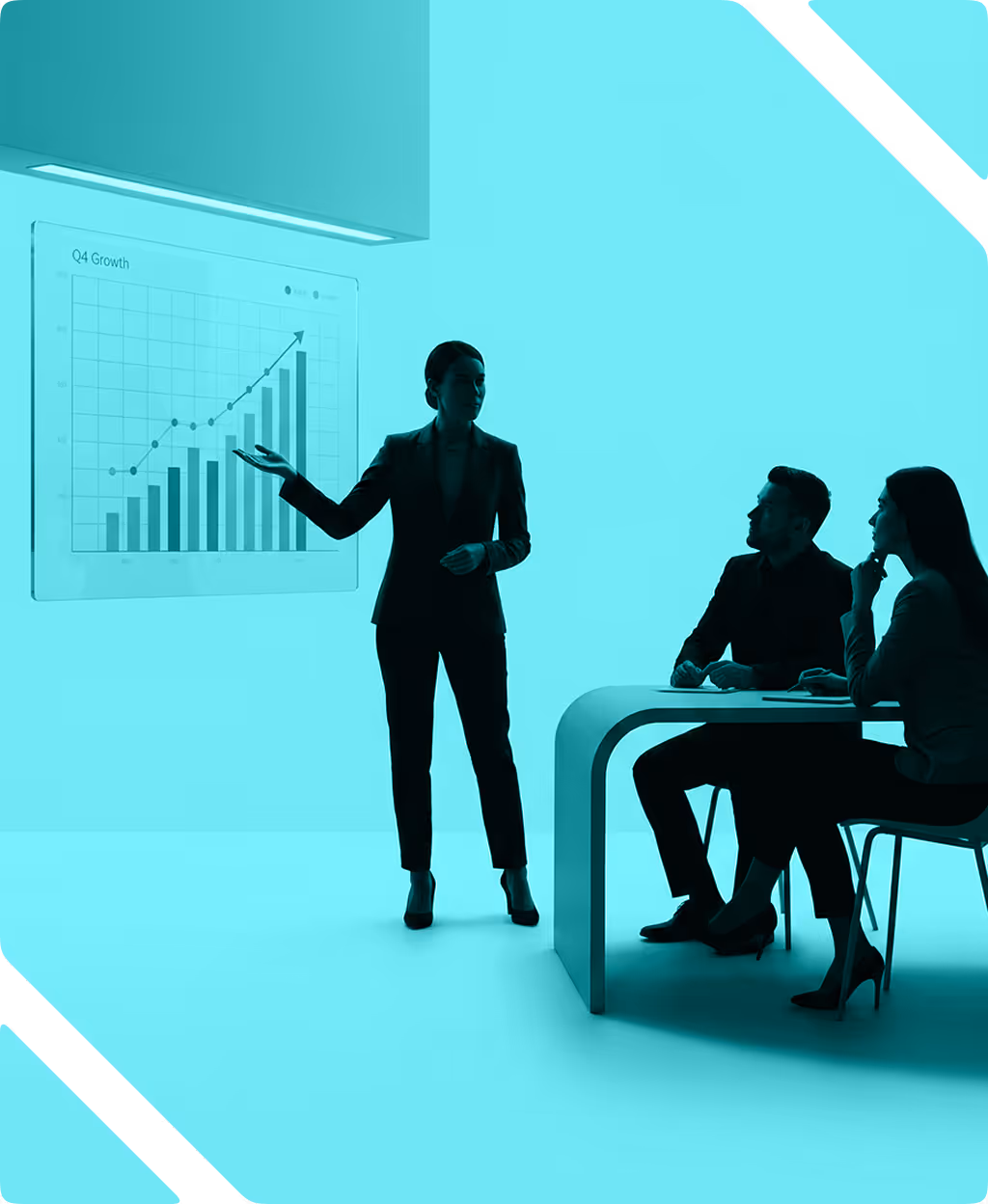 Businesswoman presenting a Q4 growth bar and line chart to two seated colleagues at a modern desk.