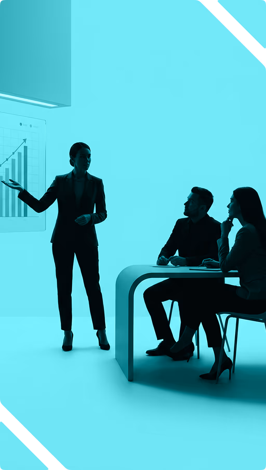 Businesswoman presenting a Q4 growth bar and line chart to two seated colleagues at a modern desk.