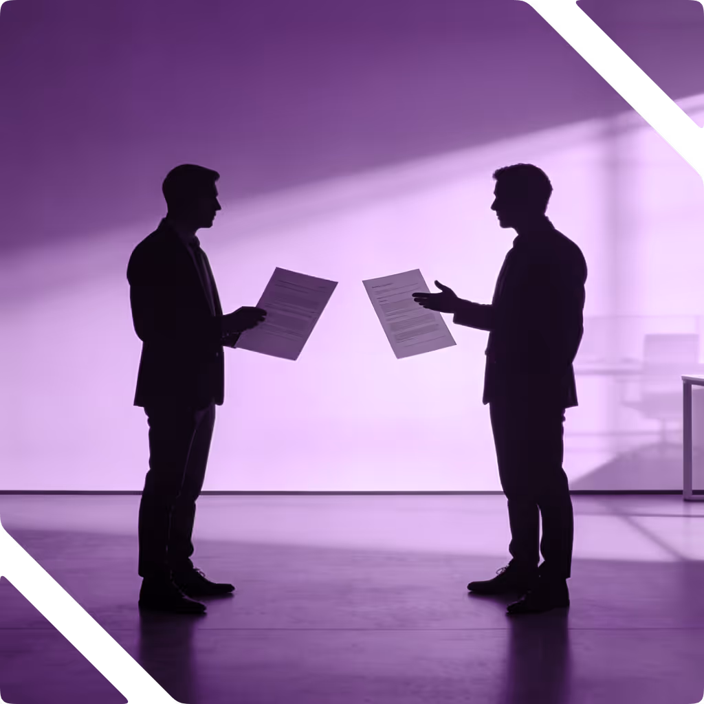 Two silhouetted men in suits holding and discussing documents against a purple background.