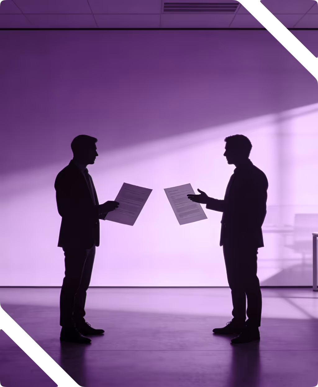 Two silhouetted men in suits holding and discussing documents against a purple background.