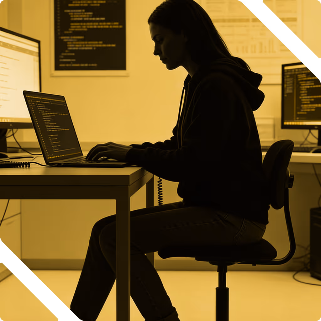 Person sitting at a desk working on coding software on a laptop with multiple monitors in a tech workspace.