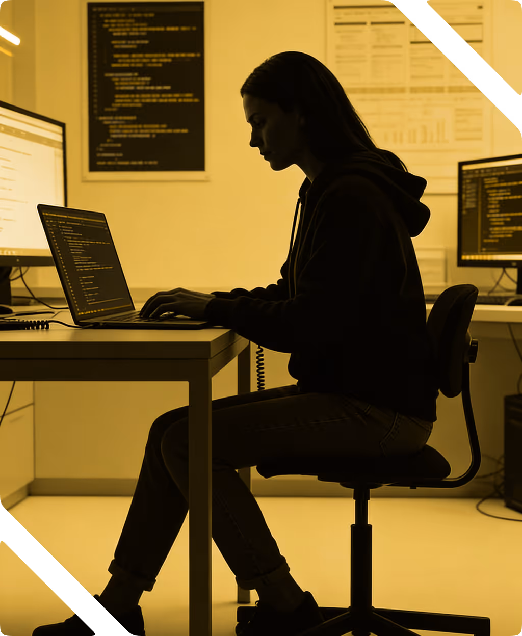 Person sitting at a desk working on coding software on a laptop with multiple monitors in a tech workspace.