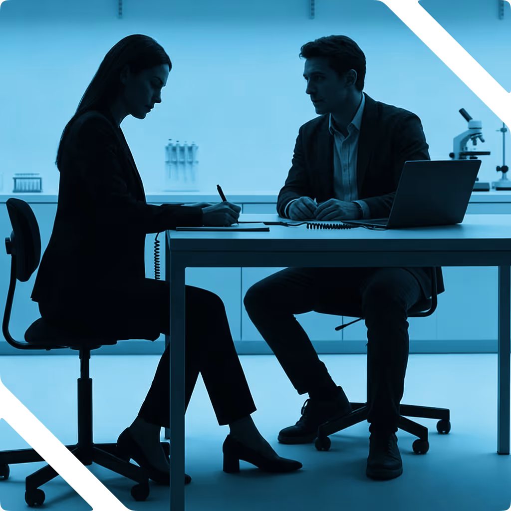 Two professionals sitting across a desk, one writing and the other facing them in an office with a laptop and microscope.