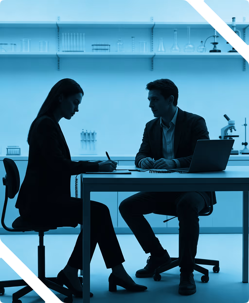 Two professionals sitting across a desk, one writing and the other facing them in an office with a laptop and microscope.
