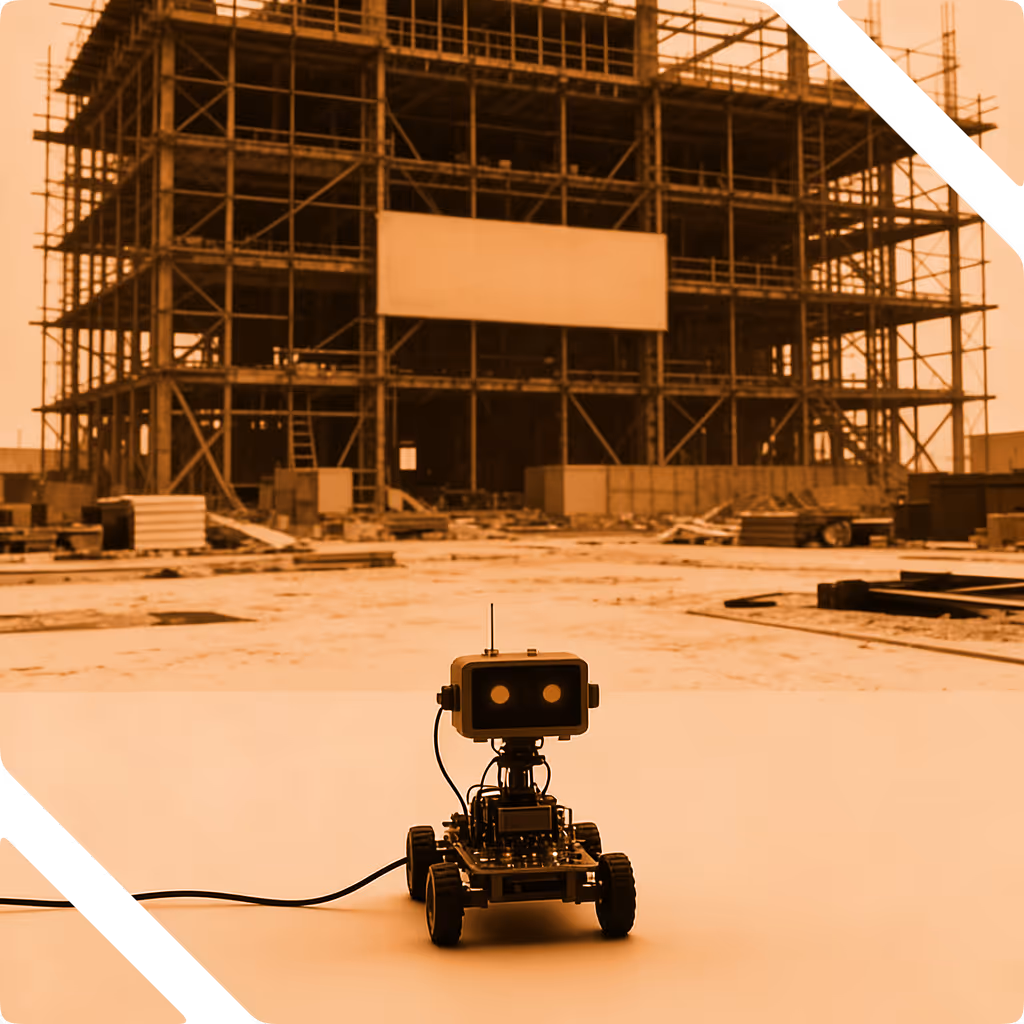 Small robot with antenna and camera eyes on wheels in front of an unfinished steel construction building.