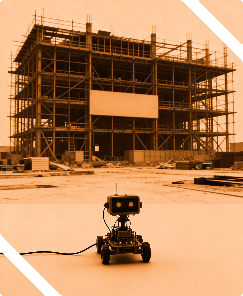 Small robot with antenna and camera eyes on wheels in front of an unfinished steel construction building.