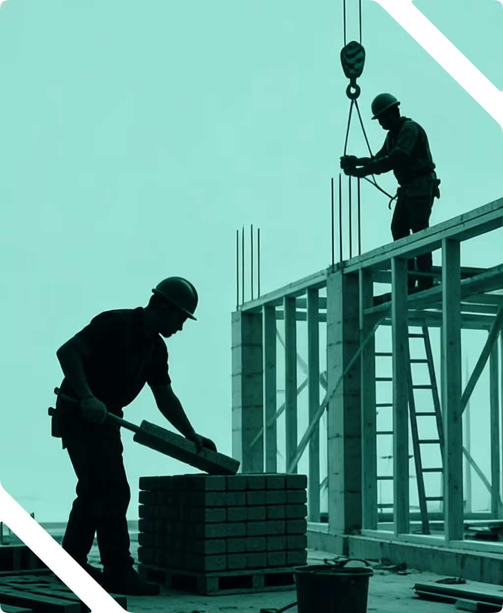 Silhouettes of two construction workers wearing helmets working on a building framework.