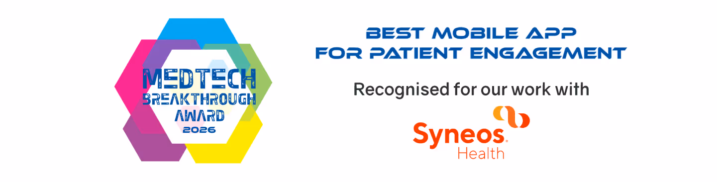 Banner showing MedTech Breakthrough Award 2026 for Best Mobile App for Patient Engagement which was won by PatientGO, owned by Syneos Health. Tappable is recognised for their work with Syneos Health.