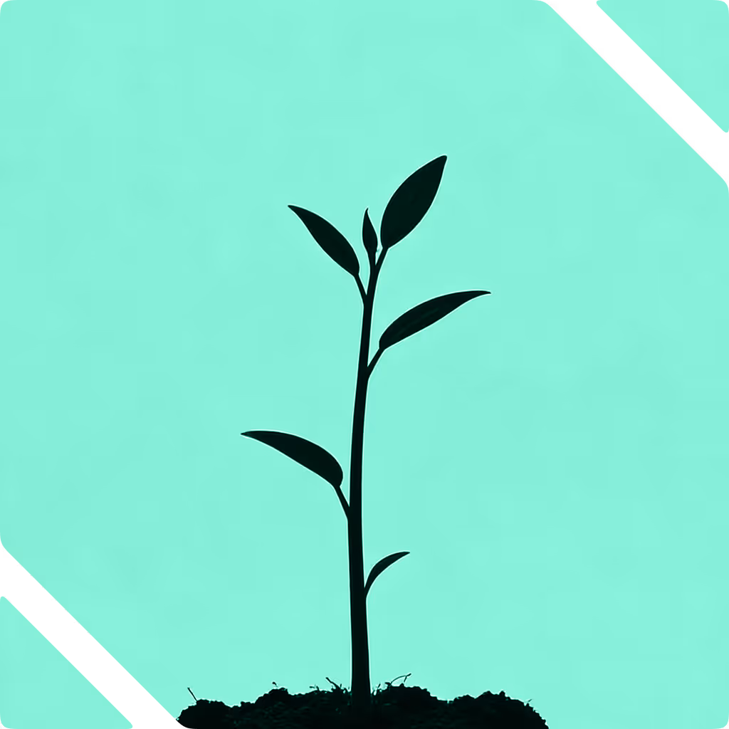 Silhouette of a young plant with leaves growing from soil on a turquoise background.