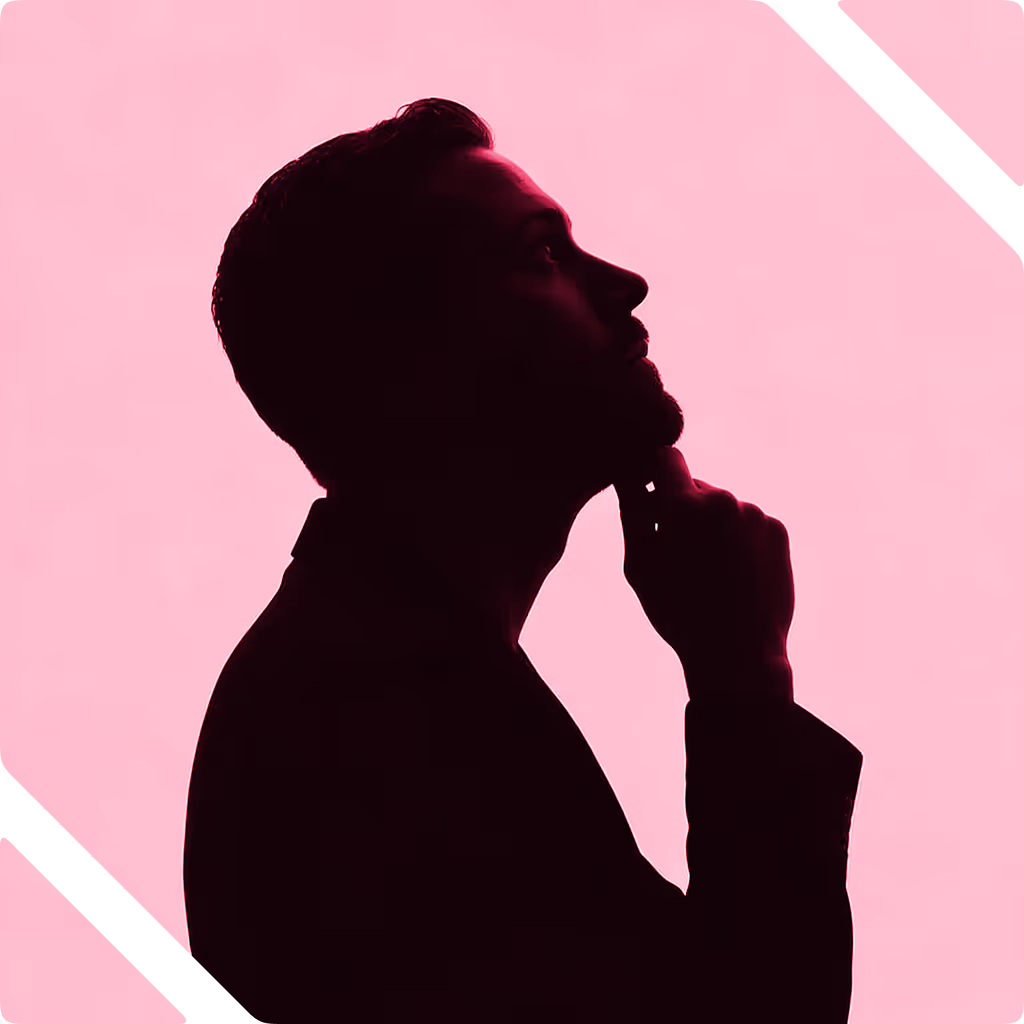 Silhouette of a man in profile holding his chin, set against a solid pink background.