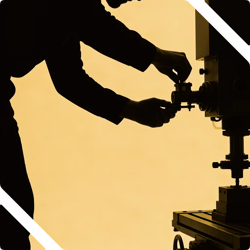 Silhouette of person adjusting a mechanical part on an industrial machine against yellow background.