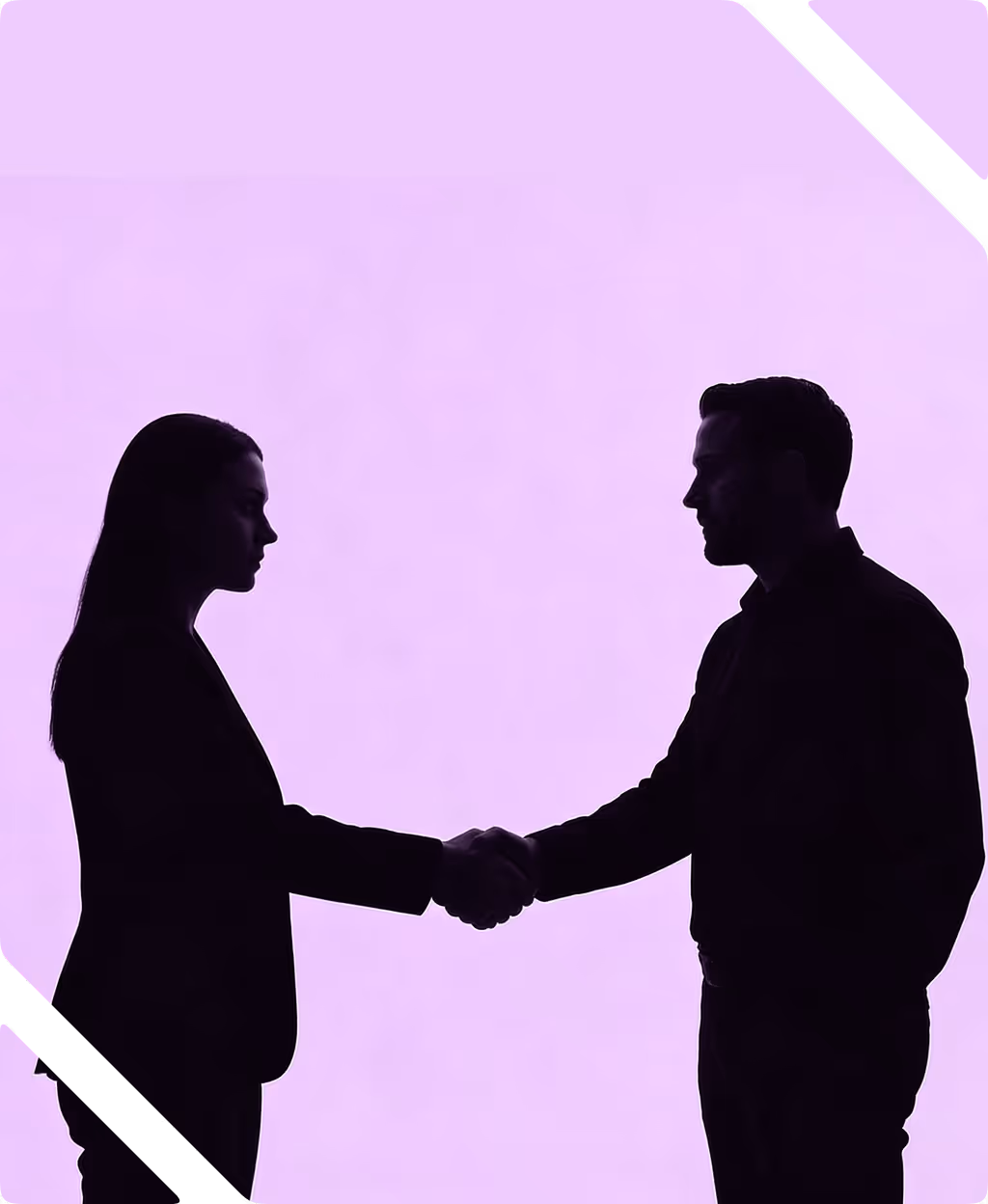 Silhouettes of a man and woman facing each other and shaking hands against a purple background.