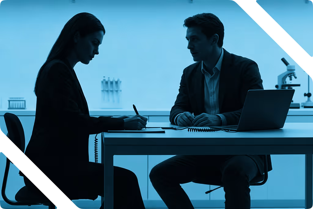 Two professionals sitting across a desk, one writing and the other facing them in an office with a laptop and microscope.