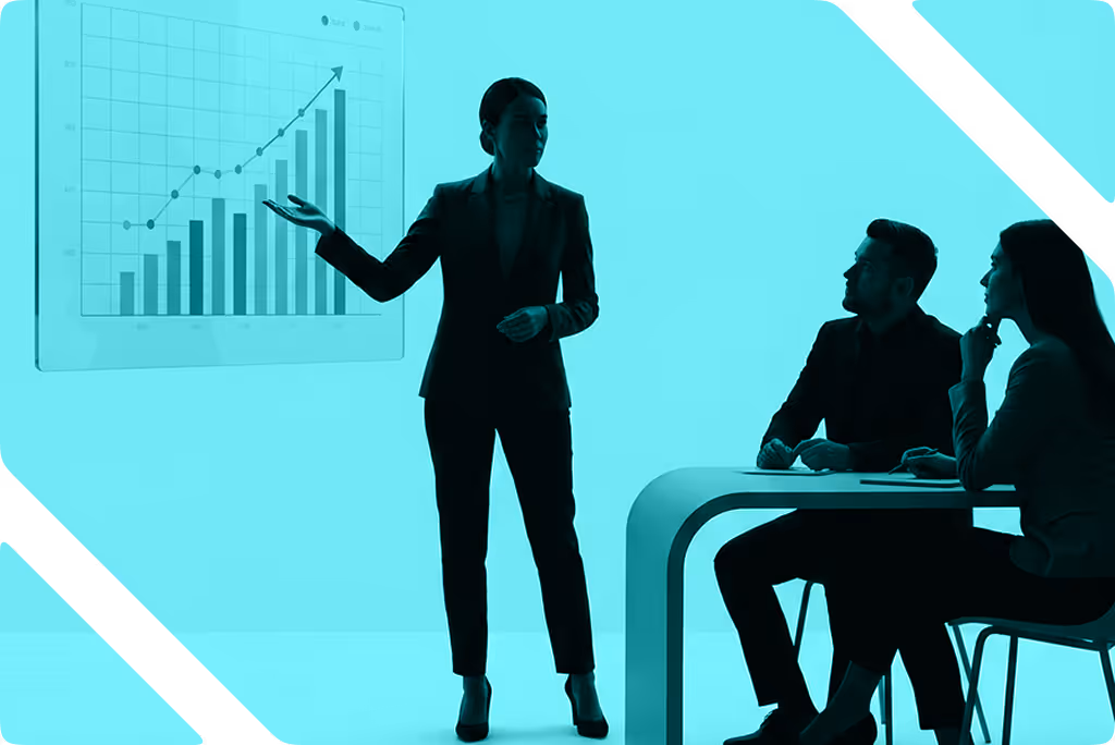 Businesswoman presenting a Q4 growth bar and line chart to two seated colleagues at a modern desk.