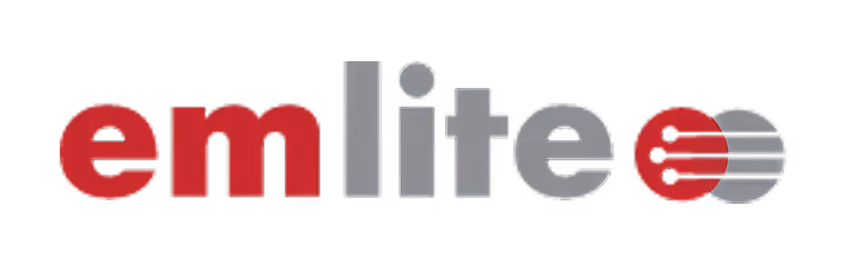 emlite logo with red and gray text and a red circular symbol on a black background