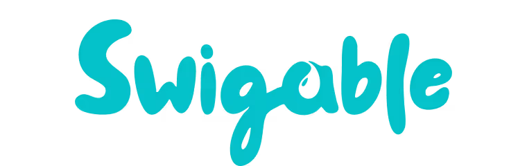 Swigable brand name in turquoise script font on black background.