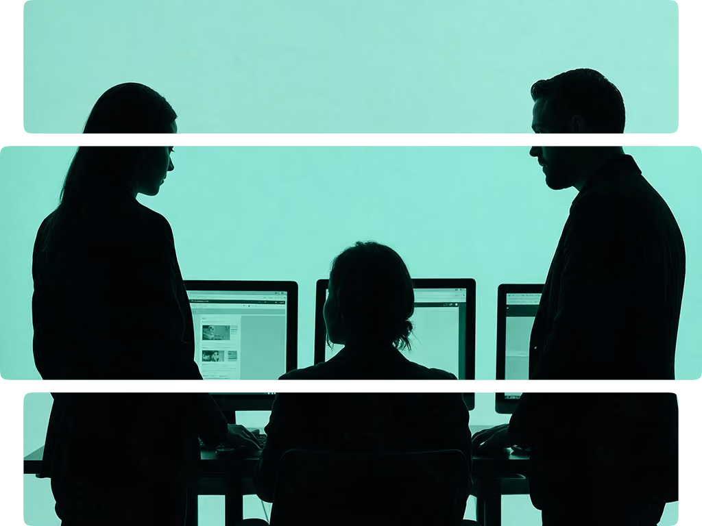 Silhouettes of three people working at a desk with three computer screens against a green background.