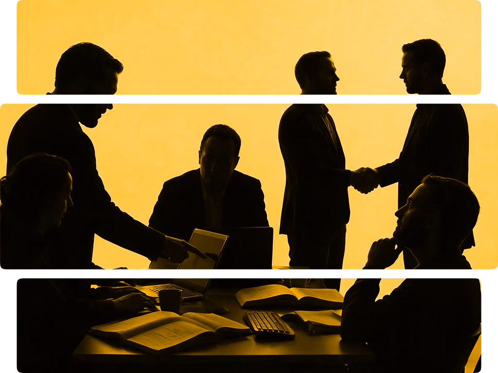 Silhouetted group in business meeting with two men shaking hands against yellow background.