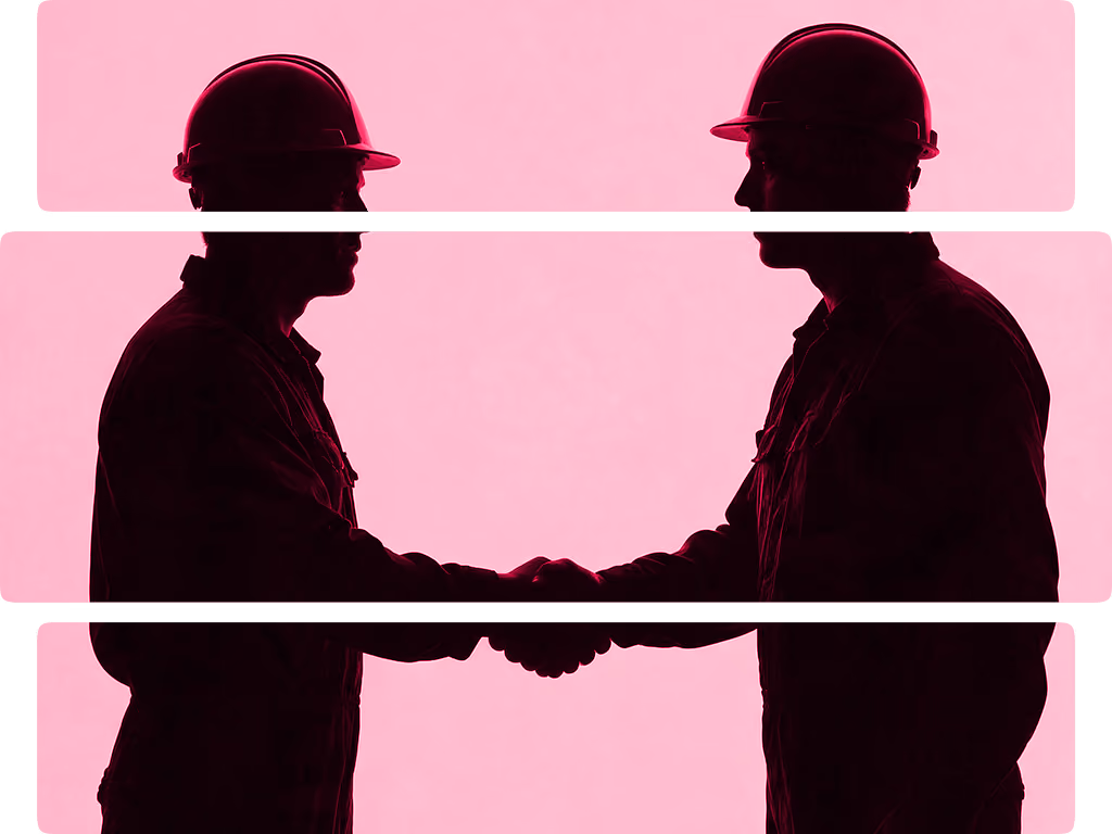 Silhouettes of two construction workers wearing helmets shaking hands against a pink background.