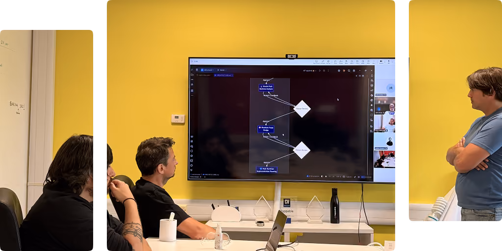 Three men in a meeting room watching a flowchart on a large screen against a yellow wall.