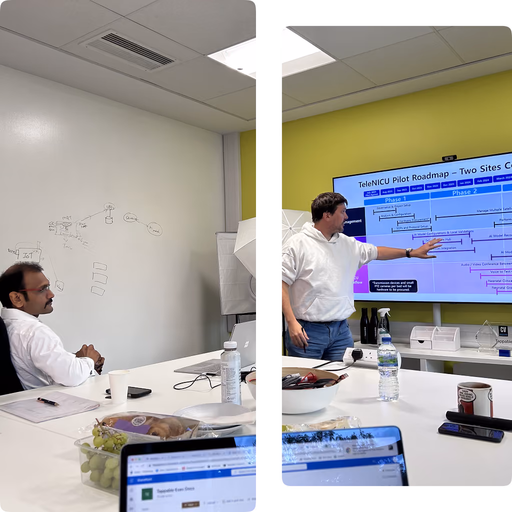 Meeting room with two men discussing a TeleNICU pilot roadmap on a screen and notes on a whiteboard.