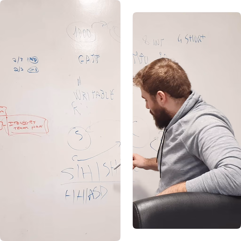 Bearded man in gray hoodie writing on a whiteboard filled with handwritten notes and diagrams.