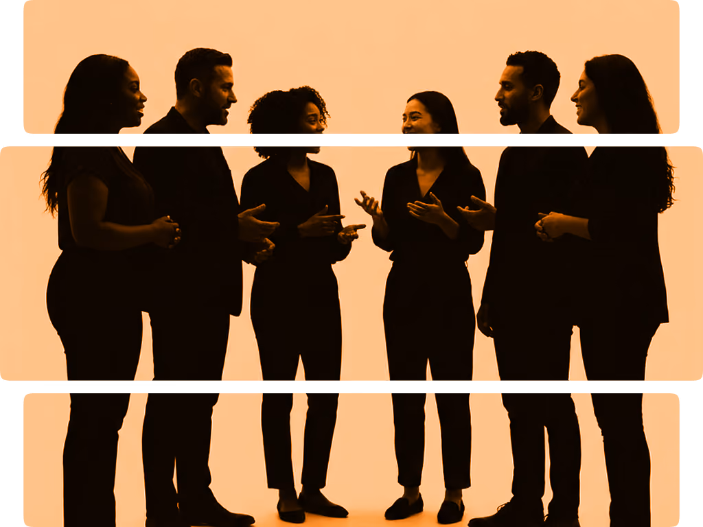 Silhouetted group of six diverse business people standing in a circle, engaged in discussion against an orange background.