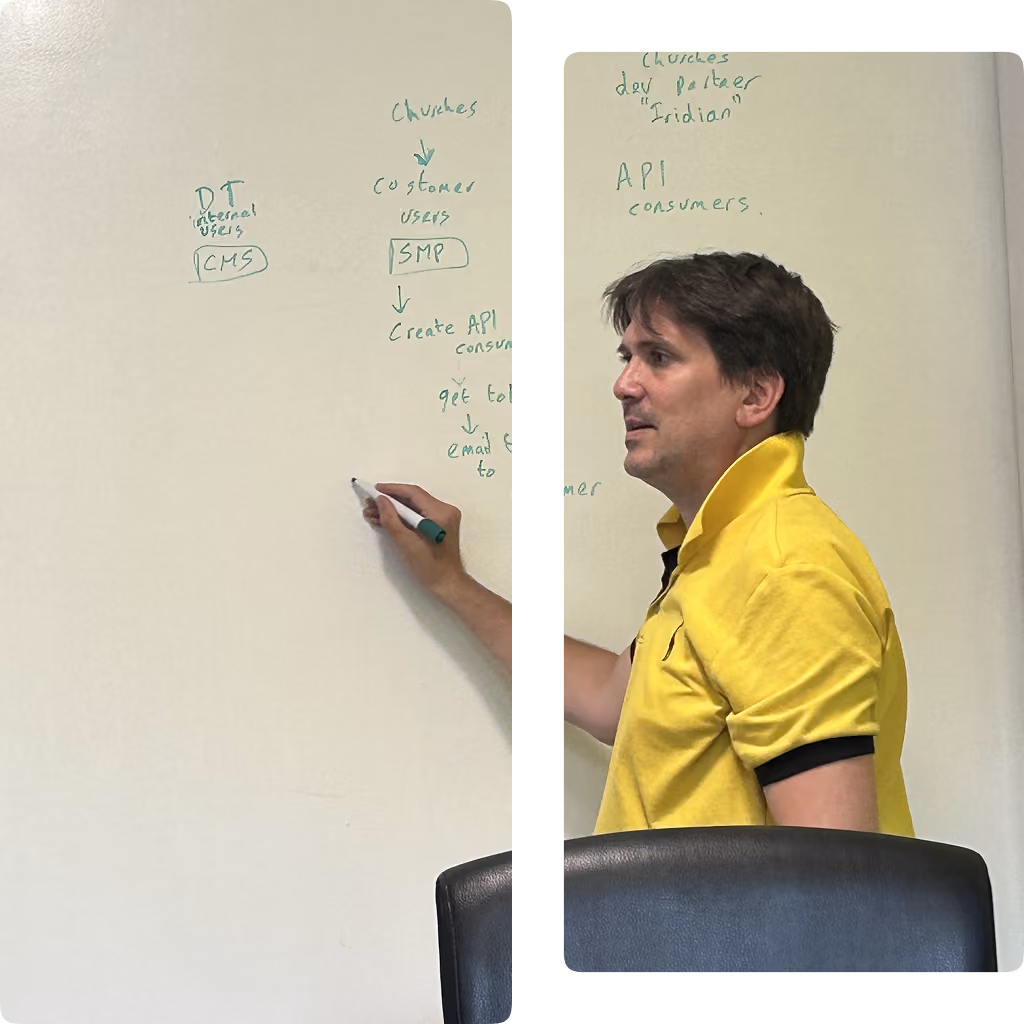 Man in yellow shirt writing on a whiteboard with notes about CMS, SMP, and API consumers.