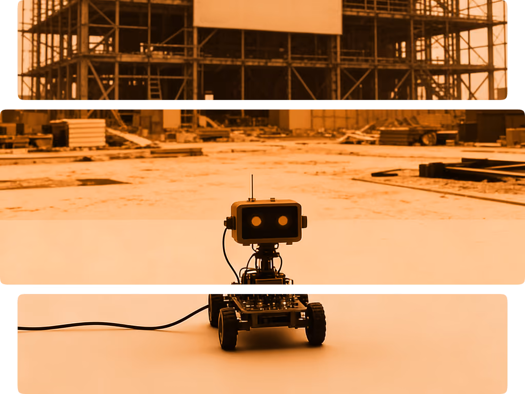 Small robot with antenna and camera eyes on wheels in front of an unfinished steel construction building.