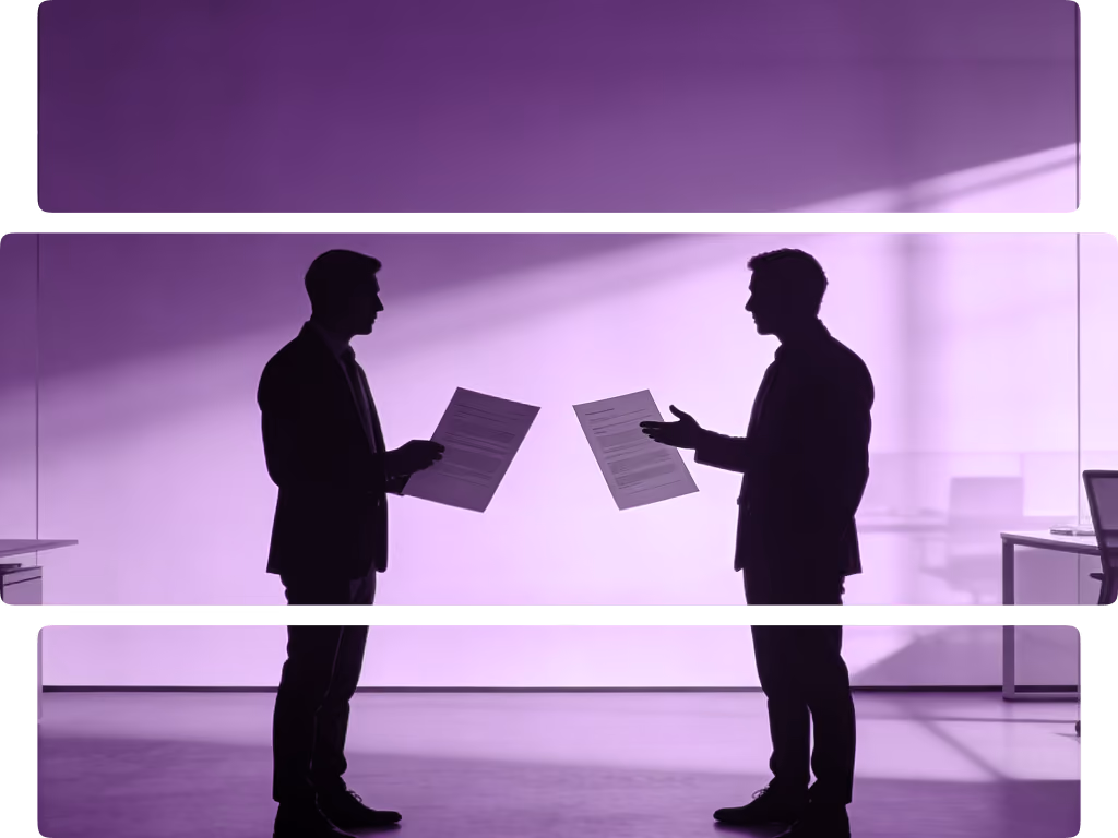 Two silhouetted men in suits holding and discussing documents against a purple background.