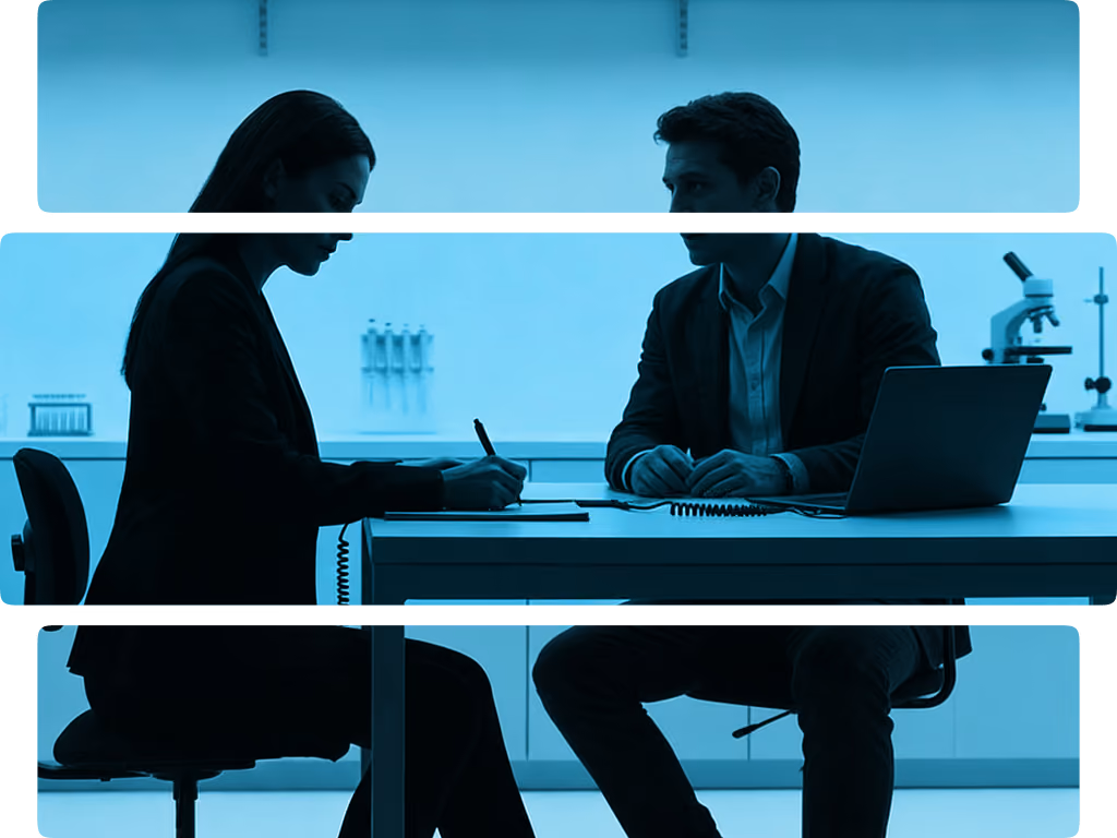 Two professionals sitting across a desk, one writing and the other facing them in an office with a laptop and microscope.