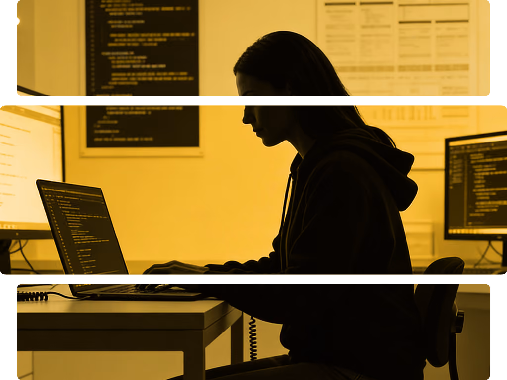 Person sitting at a desk working on coding software on a laptop with multiple monitors in a tech workspace.