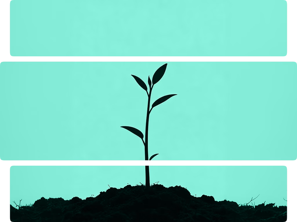 Silhouette of a young plant with leaves growing from soil on a turquoise background.
