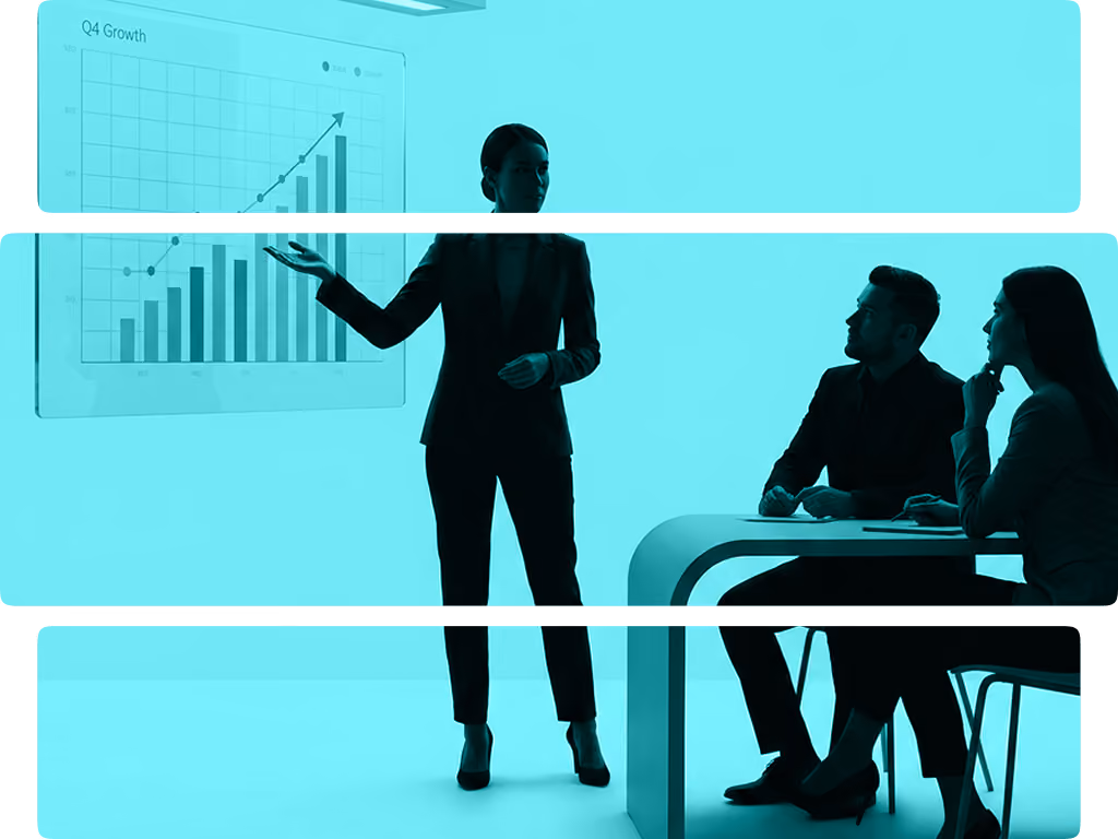 Businesswoman presenting a Q4 growth bar and line chart to two seated colleagues at a modern desk.