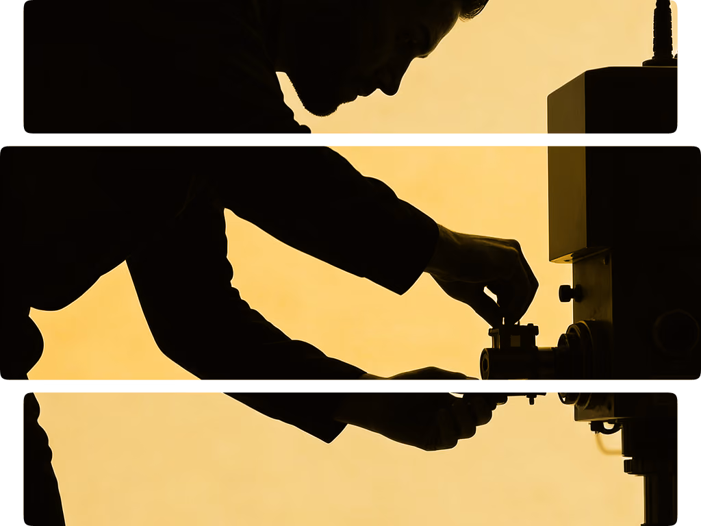 Silhouette of person adjusting a mechanical part on an industrial machine against yellow background.