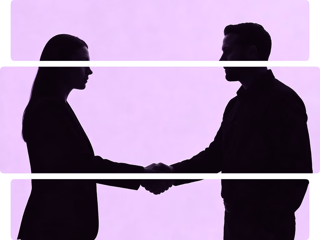 Silhouettes of a man and woman facing each other and shaking hands against a purple background.