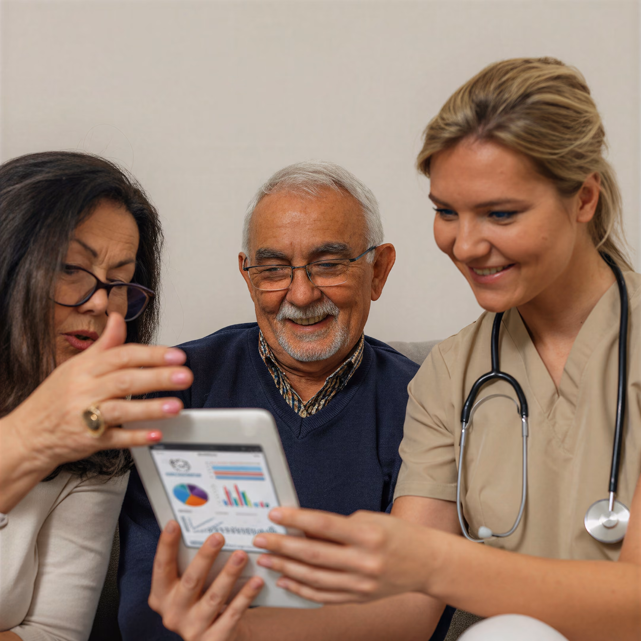 Smiling elderly man and a woman in medical scrubs with a stethoscope looking at a tablet displaying colorful charts and graphs, while another woman gestures towards the screen.
