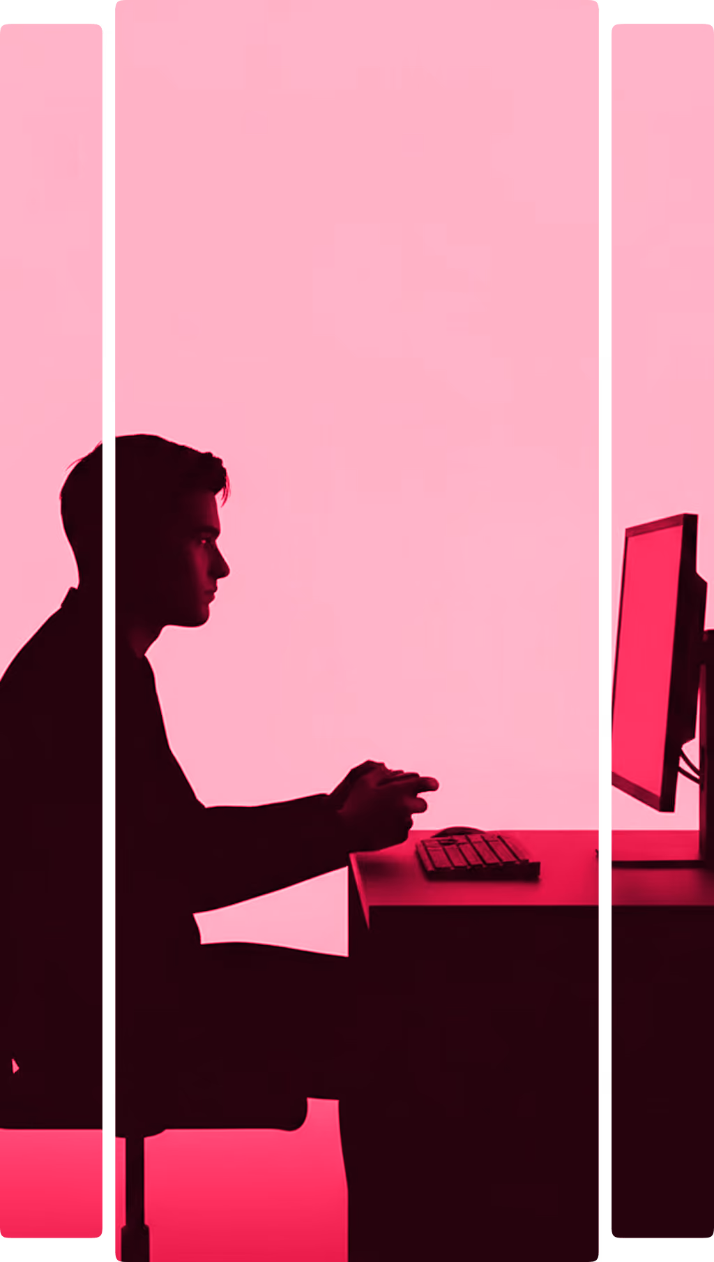 Silhouette of a man sitting at a desk using a computer with a pink background.