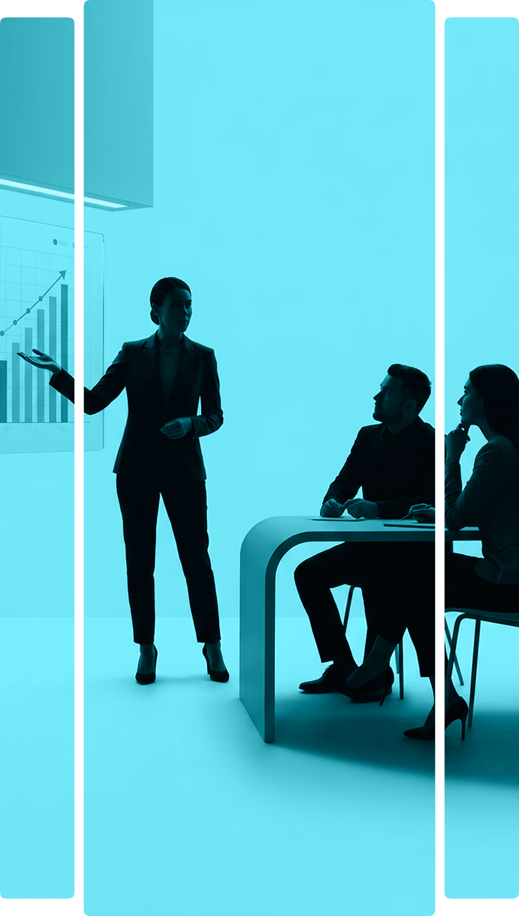 Businesswoman presenting a Q4 growth bar and line chart to two seated colleagues at a modern desk.