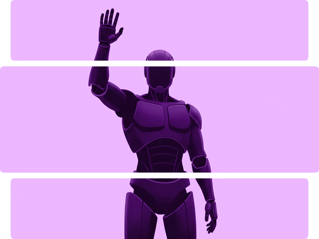 Purple 3D humanoid robot figure on a light purple background, raising its right hand as if waving.
