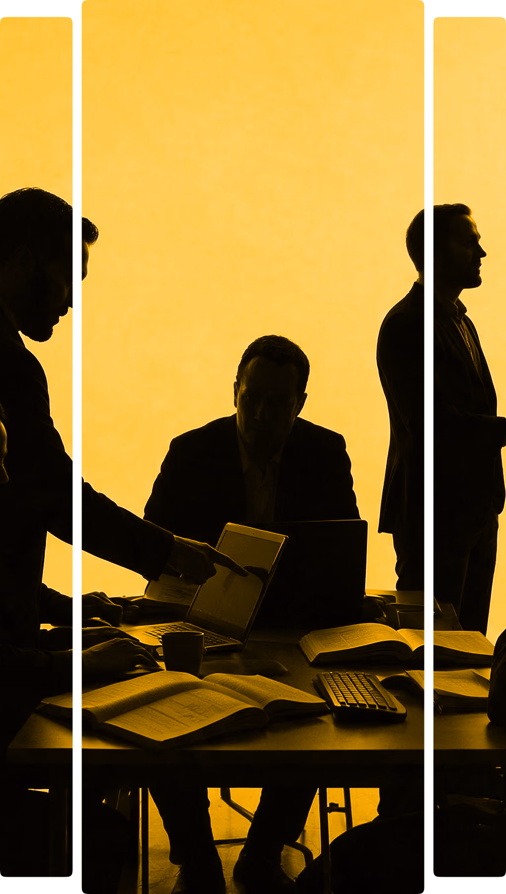 Silhouetted group in business meeting with two men shaking hands against yellow background.
