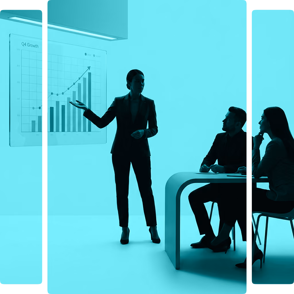 Businesswoman presenting a Q4 growth bar and line chart to two seated colleagues at a modern desk.