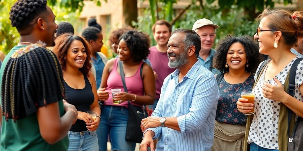 Diverse group enjoying social activities in a park.