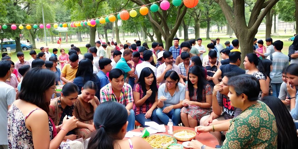 Diverse people enjoying social activities in a lively park.